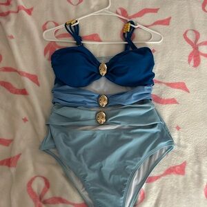 SHEIN Blue Gradient One-Piece Swimsuit with Gold Accents